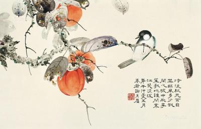  庚午（1930年）作 柿子小鸟 镜心 设色纸本