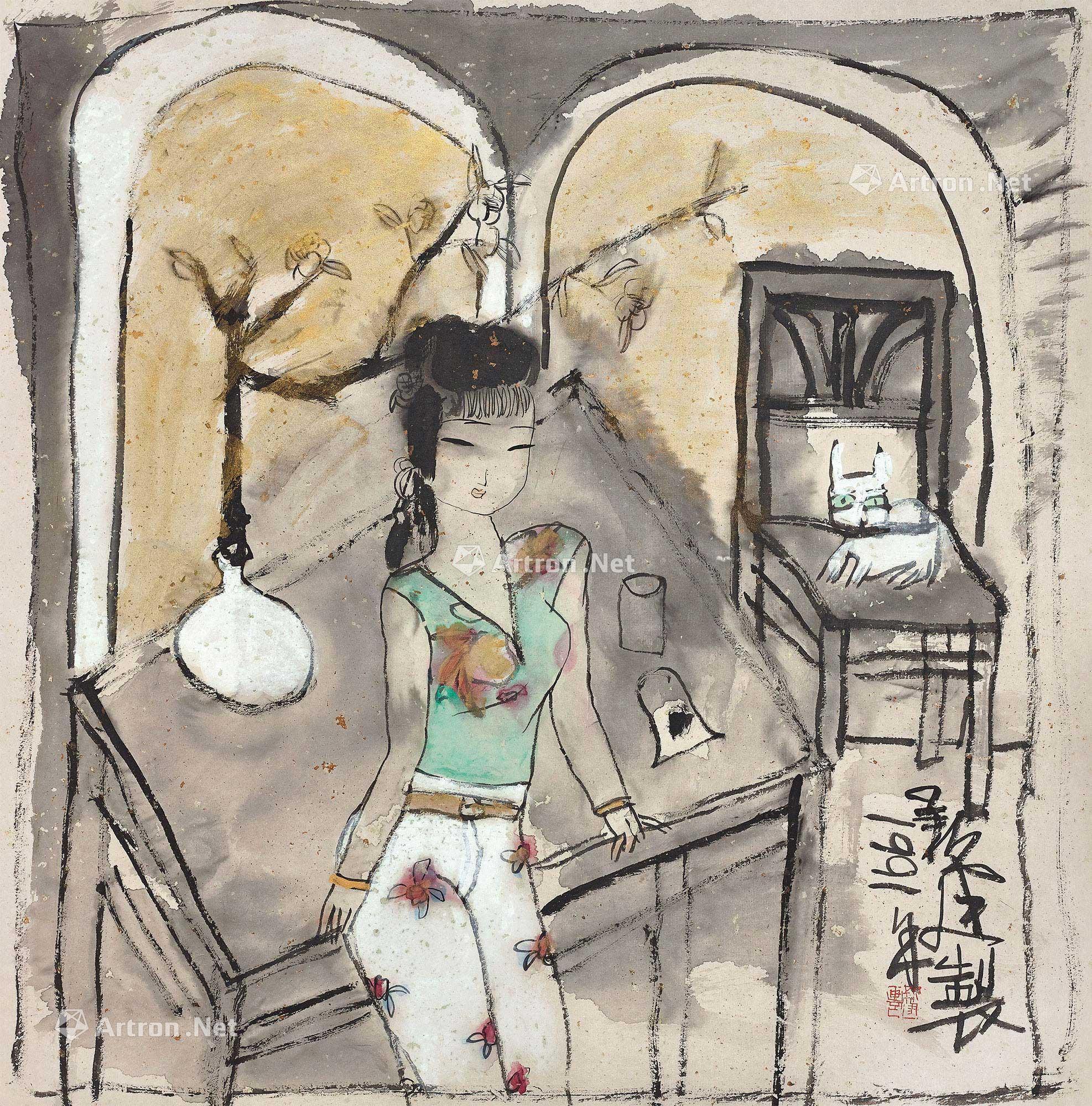 1991年作 春意图 纸本彩墨 66.5×65.5cm