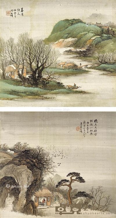 * 春溪访友·松庐读书 (二帧) 镜心 设色绢本 31.5×34cm×2