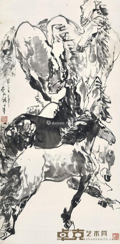  甲子（1984年）作 群马图 立轴 设色纸本 137×67cm