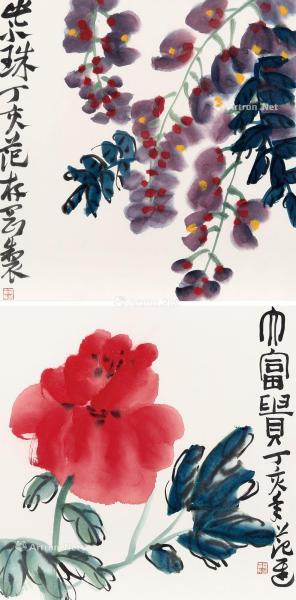  丁亥（2007）年作 花卉两幅 镜框 设色纸本
