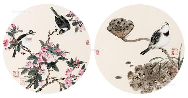 花鸟 （两幅） 镜框 设色纸本
