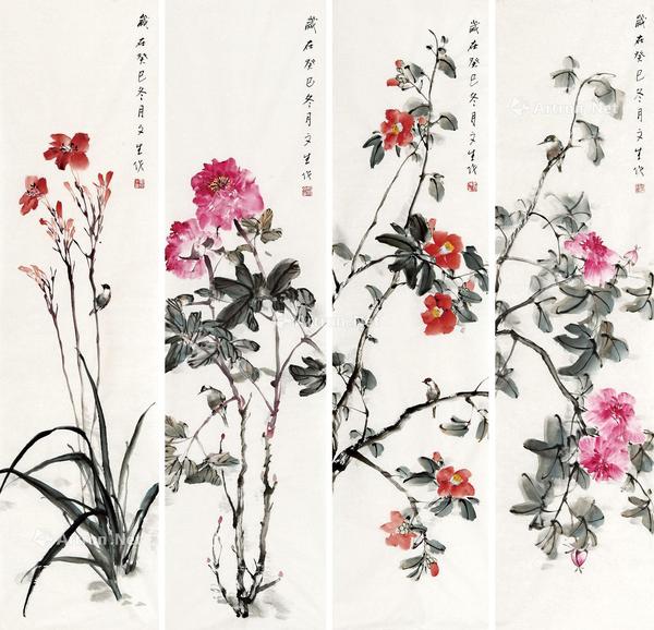  癸巳（2013）年作 花鸟 四条屏 软片 设色纸本