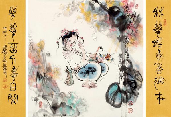  画：丁酉（2017）年作、书法对联：戊戌（2018）年作 听歌 书法对联 镜心 水墨纸本、设色纸本
