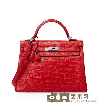 爱马仕 2012 雾面葵红色短吻鳄鱼皮32公分内缝凯莉包附银色金属配件 长32×高23×直径11cm