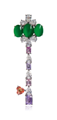  蔡孟翰设计 缅甸天然翡翠配彩色蓝宝石及钻石「钥匙」胸针/挂坠