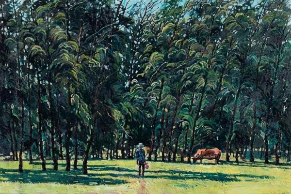  那一年马尾岛的木麻黄树阳光下的牛的人 油画 布面