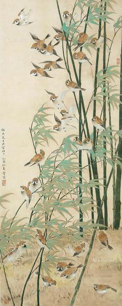  1945年作 翠竹麻雀 立轴 设色纸本