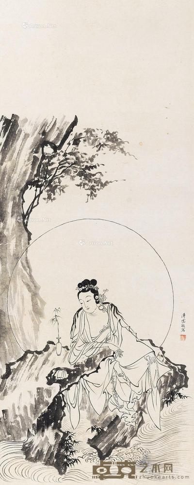 水月观音 镜框 水墨纸本 120×48cm