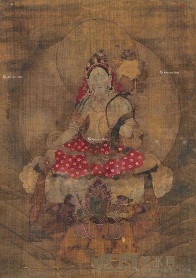  18世纪 北京宫廷 白度母唐卡 镜心 矿物胶彩棉布 31×45cm