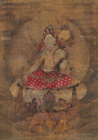  18世纪 北京宫廷 白度母唐卡 镜心 矿物胶彩棉布