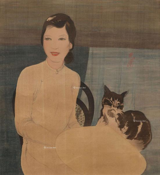  约1940年作 女子与猫 水墨 水粉 绢布