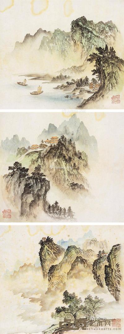 山居图 (三幅) 立轴 设色纸本 29×33cm×3