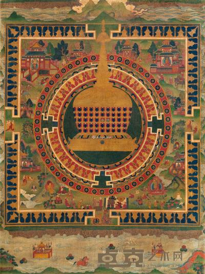  18世纪 不丹 吉祥大佛塔唐卡 镜心 矿物胶彩棉布 71.5×94cm