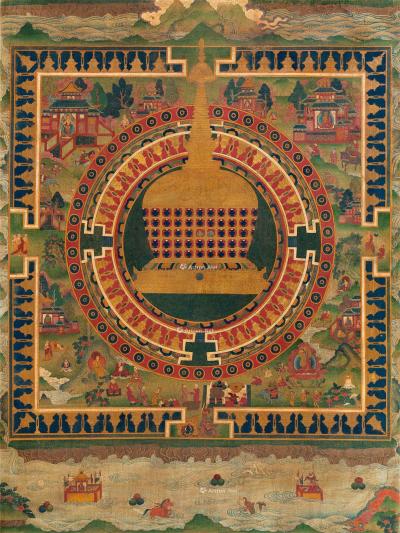  18世纪 不丹 吉祥大佛塔唐卡 镜心 矿物胶彩棉布
