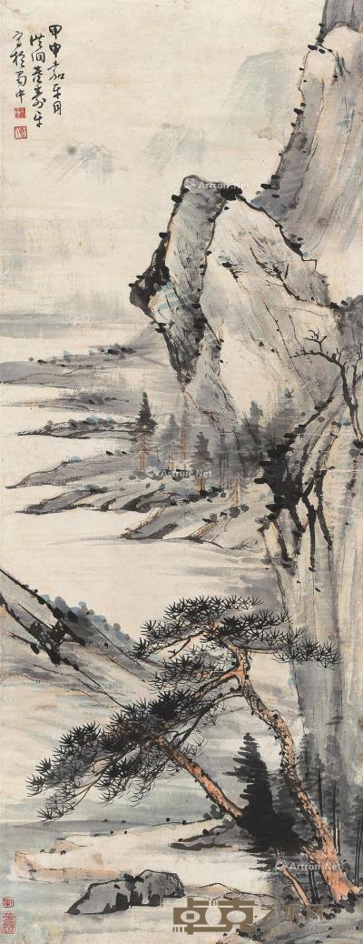  1944年作 松岩江畔 立轴 设色纸本 110×42cm