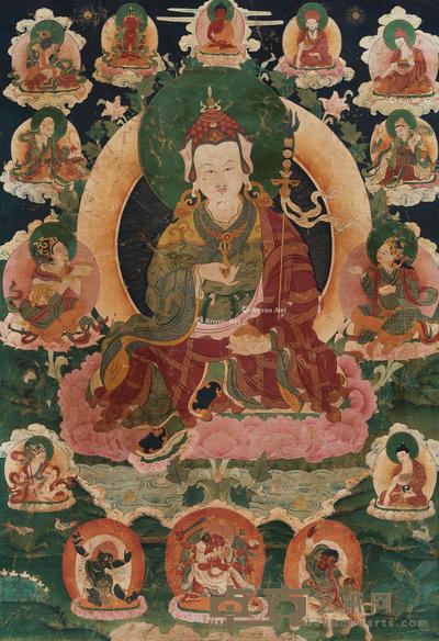  18世纪 勉萨 莲师八变唐卡 立轴 矿物胶彩棉布 60.5×89.5cm