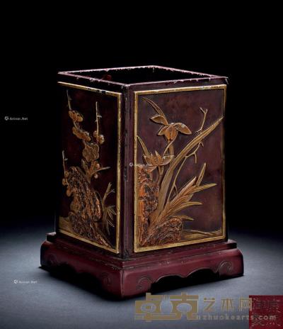  清中期 祁阳石「梅兰竹菊」四方笔筒 高15.5cm