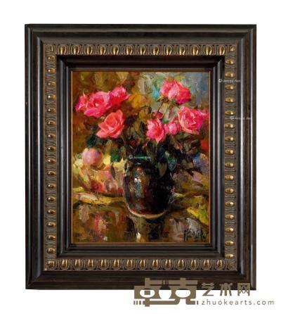  2007年作 带有粉色玫瑰的静物 布面　油画 50×41cm