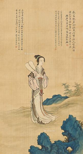  清 临唐寅《秋风纨扇图》 立轴 设色绢本