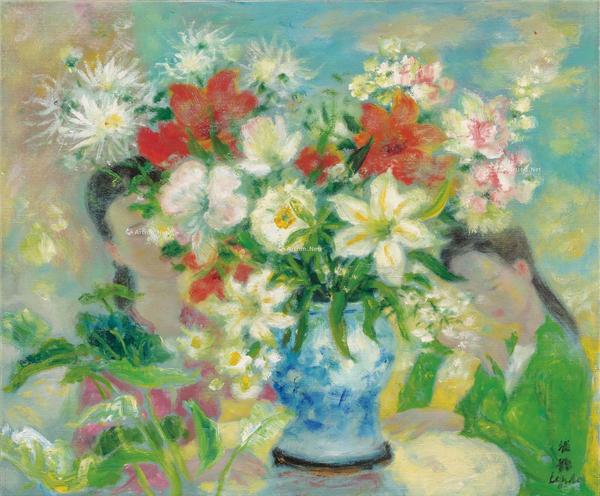  约1970年作 妙龄女子与鲜花 油彩 画布
