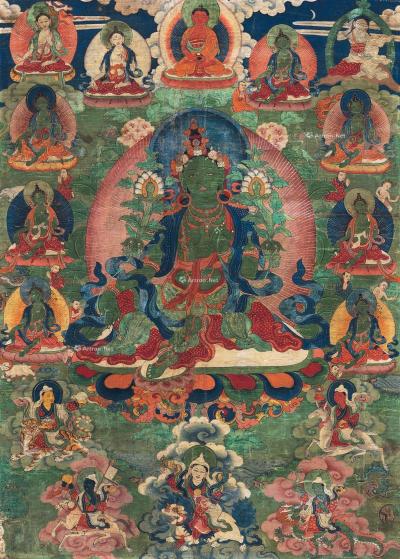  18世纪 不丹 绿度母唐卡 立轴 矿物胶彩棉布