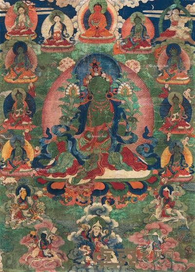  18世纪 不丹 绿度母唐卡 立轴 矿物胶彩棉布 53×74.5cm