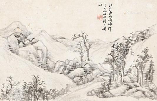  清代  仿董北苑山水 原装裱 镜心 纸本水墨