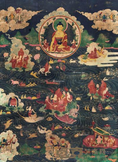  19世纪 北京 18罗汉渡海图唐卡 镜心 矿物胶彩棉布 57×78cm