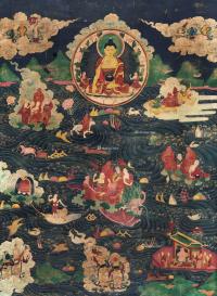  19世纪 北京 18罗汉渡海图唐卡 镜心 矿物胶彩棉布