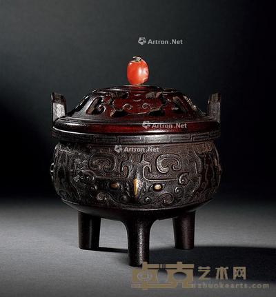  明 错金银兽面纹三足鼎式铁炉 直径11cm