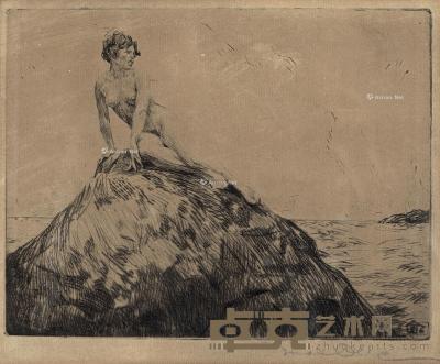  礁石上的女人体 蚀刻铜版画 17×22cm