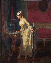  19世纪 站在窗边的女人 木板油画