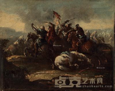  18世纪 战斗场景 木板油画 16.5×21.5cm