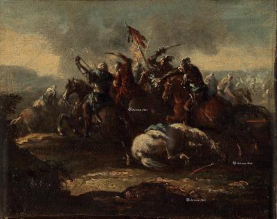  18世纪 战斗场景 木板油画