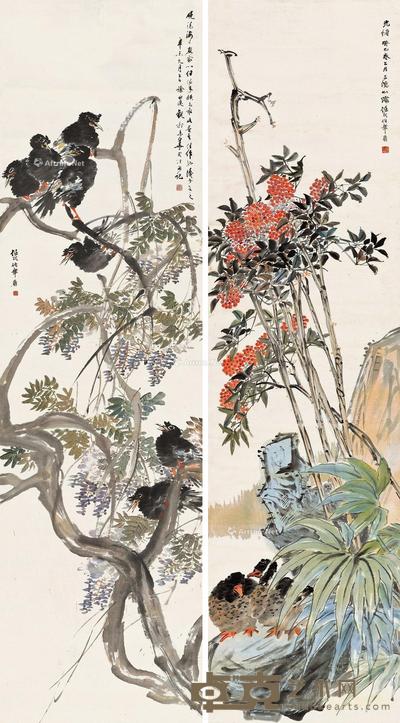 春江水暖 立轴 设色纸本 188×50cm×2