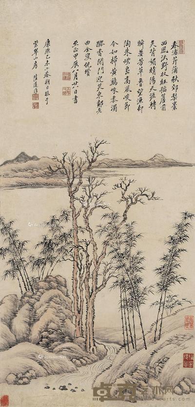  1715年作 临倪瓒山水 立轴 设色纸本 70×33cm