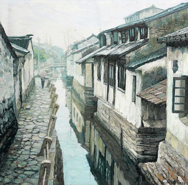  2003年作 江南水乡 镜框 布面油画