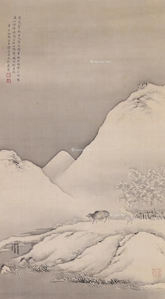  雪山牧牛图 镜架 设色绢本