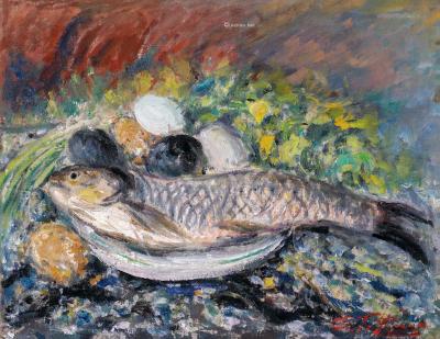  1981年作 有鱼的静物 布面油画