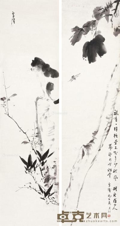  1936年作 花卉动物 （二幅） 镜心 水墨纸本 136×34cm