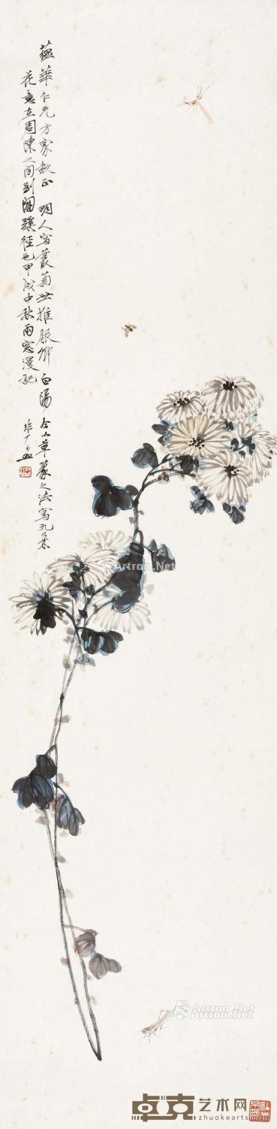  1934年作 菊花草虫 立轴 设色纸本 133.5×33cm
