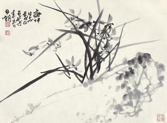  水墨兰花 镜片 水墨纸本