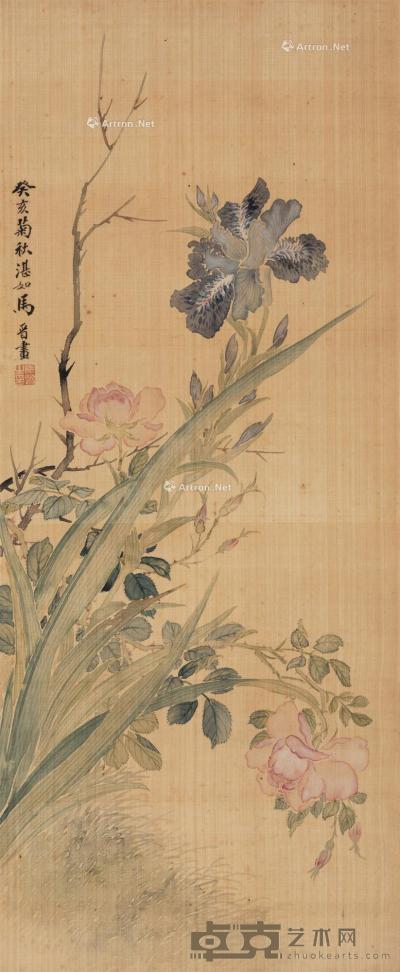  1923年作 花卉 立轴 设色绢本 48×20cm