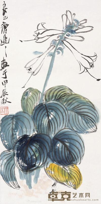  1964年作 玉簪蟋蟀 立轴 设色纸本 61.5×33cm