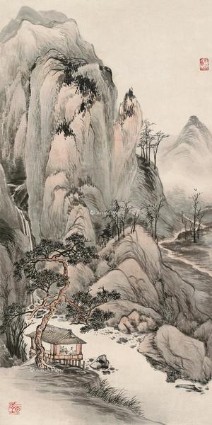  疏林山居图 立轴 设色纸本