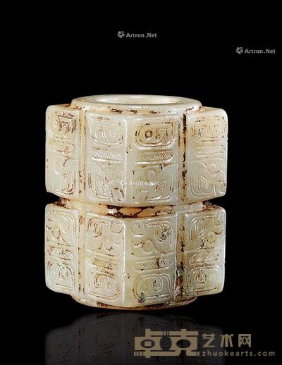  清 白玉兽面纹琮 高6.3cm