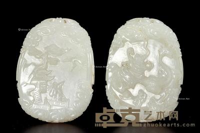  清 白玉亭台人物珮 高6.5cm