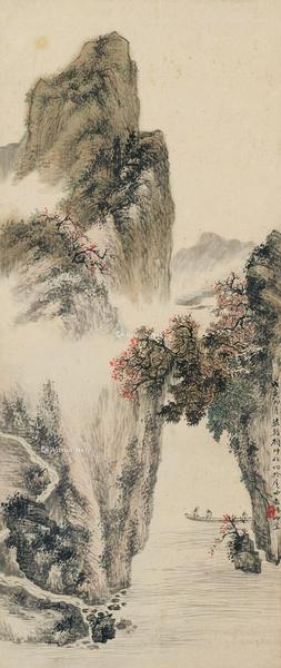  涧水泛舟图 立轴 设色纸本