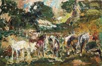  1995年作 树林中的马群 布面油画